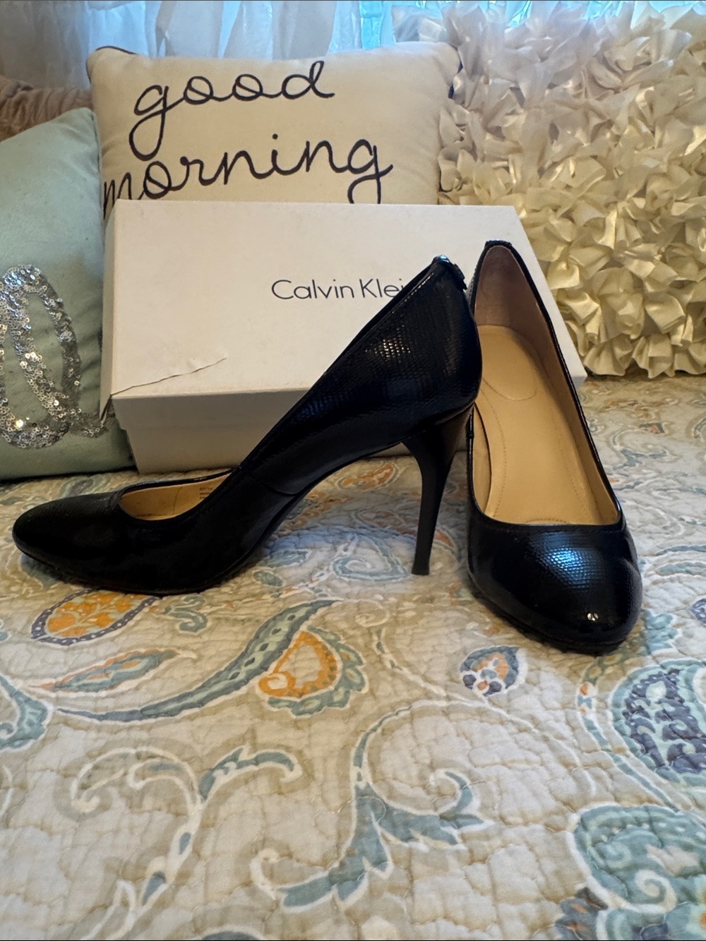 Calvin Klein Black Patent Leather Pointed-Toe Stiletto Pumps